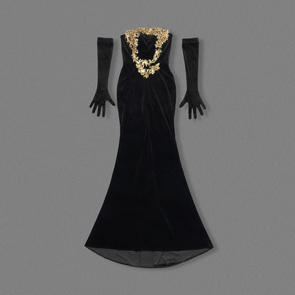 Strapless Gold Applique Maxi Velvet Dress Black HV2151