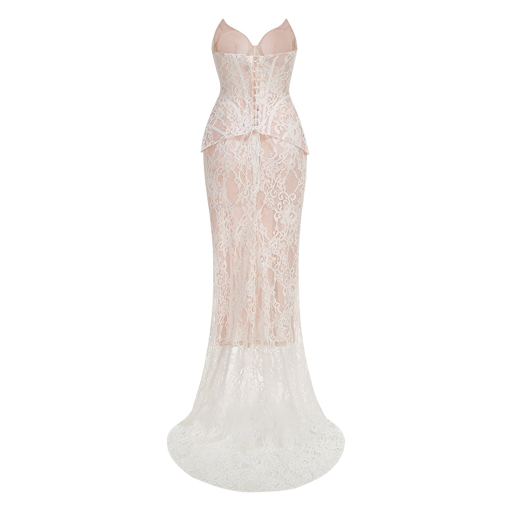 Strapless Lace Corset Two Piece Maxi Dress White HV3214