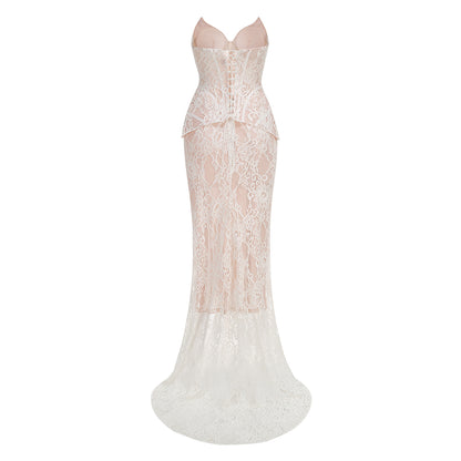 Strapless Lace Corset Two Piece Maxi Dress White HV3214