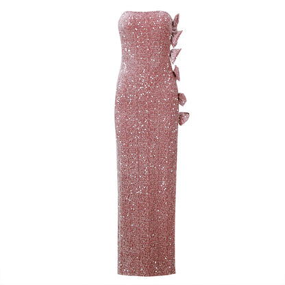 Strapless Bow Sequin Velvet Maxi Dress Pink HV9956