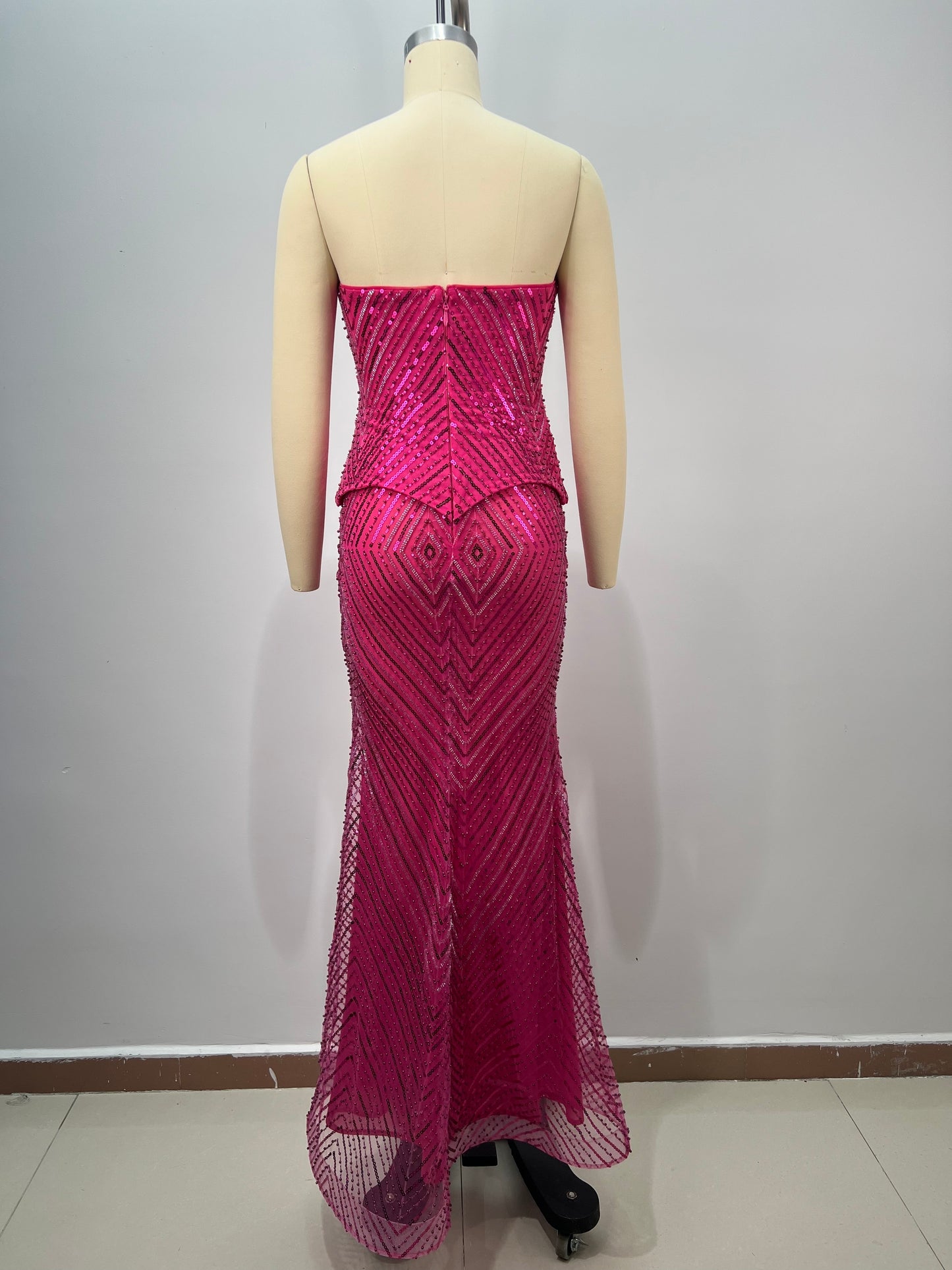 Strapless Crystal Sequin Maxi Dress Hot Pink HV2818