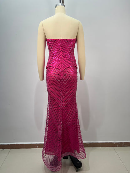 Strapless Crystal Sequin Maxi Dress Hot Pink HV2818