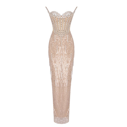 Strapless Crystal Corset Sequin Maxi Dress Gold HV1959