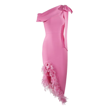 One Shoulder Feather Midi Dress Pink HV1563