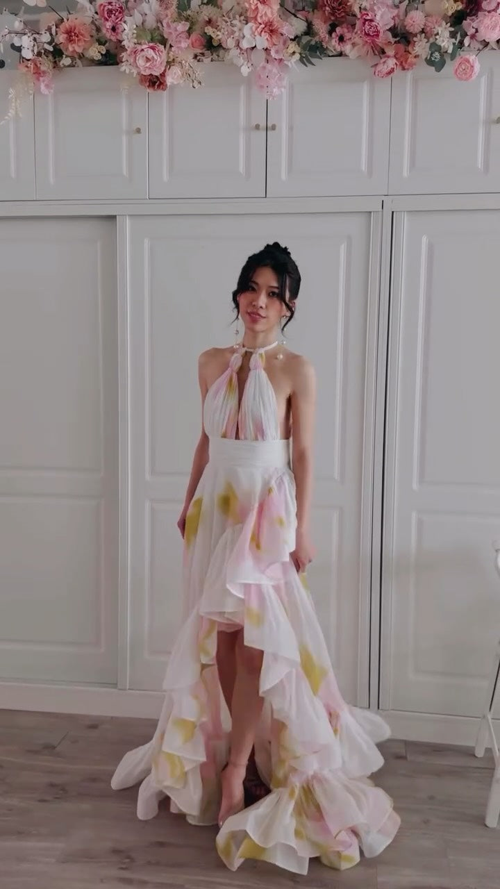 Halter Floral Ruffle Maxi Dress Pink Yellow HV3140