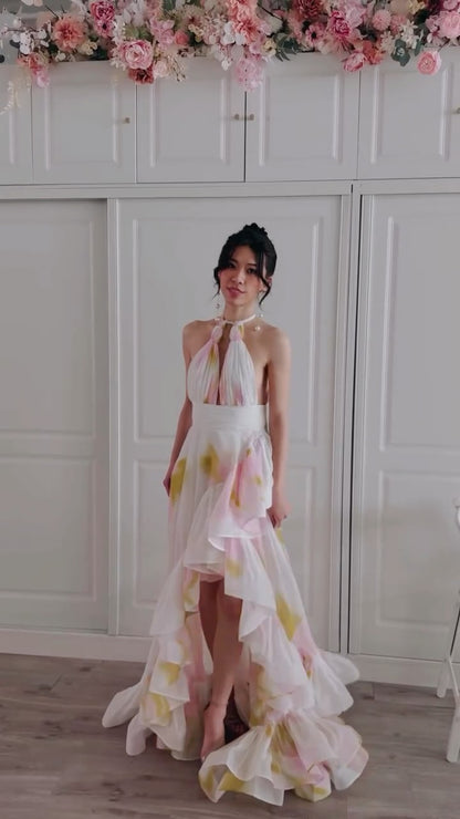 Halter Floral Ruffle Maxi Dress Pink Yellow HV3140