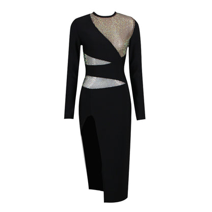 Long Sleeve Crystal Panel Midi Dress Black HV9707