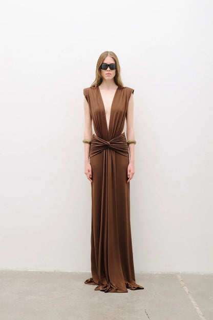 Backless Draped Maxi Dress Brown HV2673