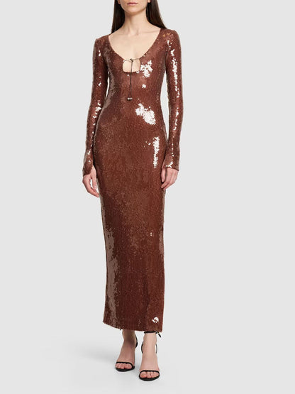 Long Sleeve Sequin Backless Midi Dress HV8940