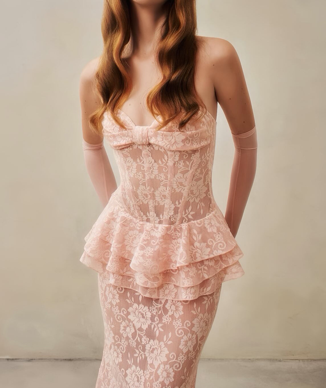 Strapless Nude Peplum Maxi Dress Nude Pink HV3201