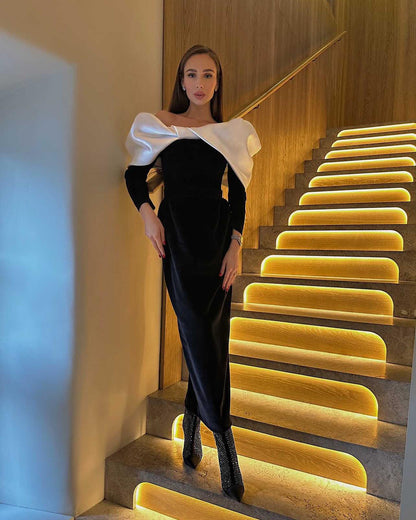 Long Sleeve Puff Bardot Midi Dress Black White