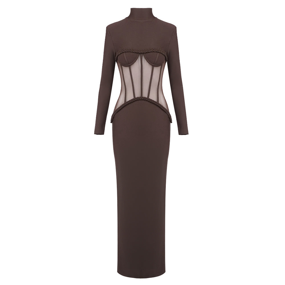 Long Sleeve Structured Mesh Maxi Dress Brown HV2648