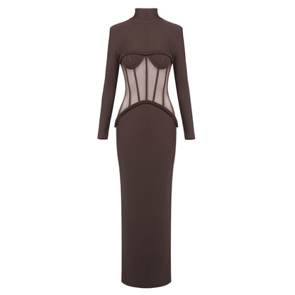 Long Sleeve Structured Mesh Maxi Dress Brown HV2648