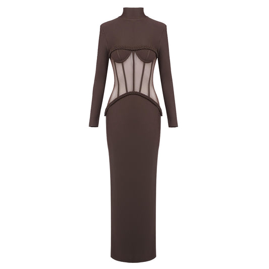 Long Sleeve Structured Mesh Maxi Dress Brown HV2648