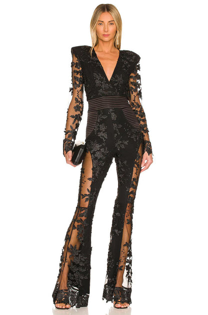 Long Sleeve Floral Lace Jumpsuit Black HV1988