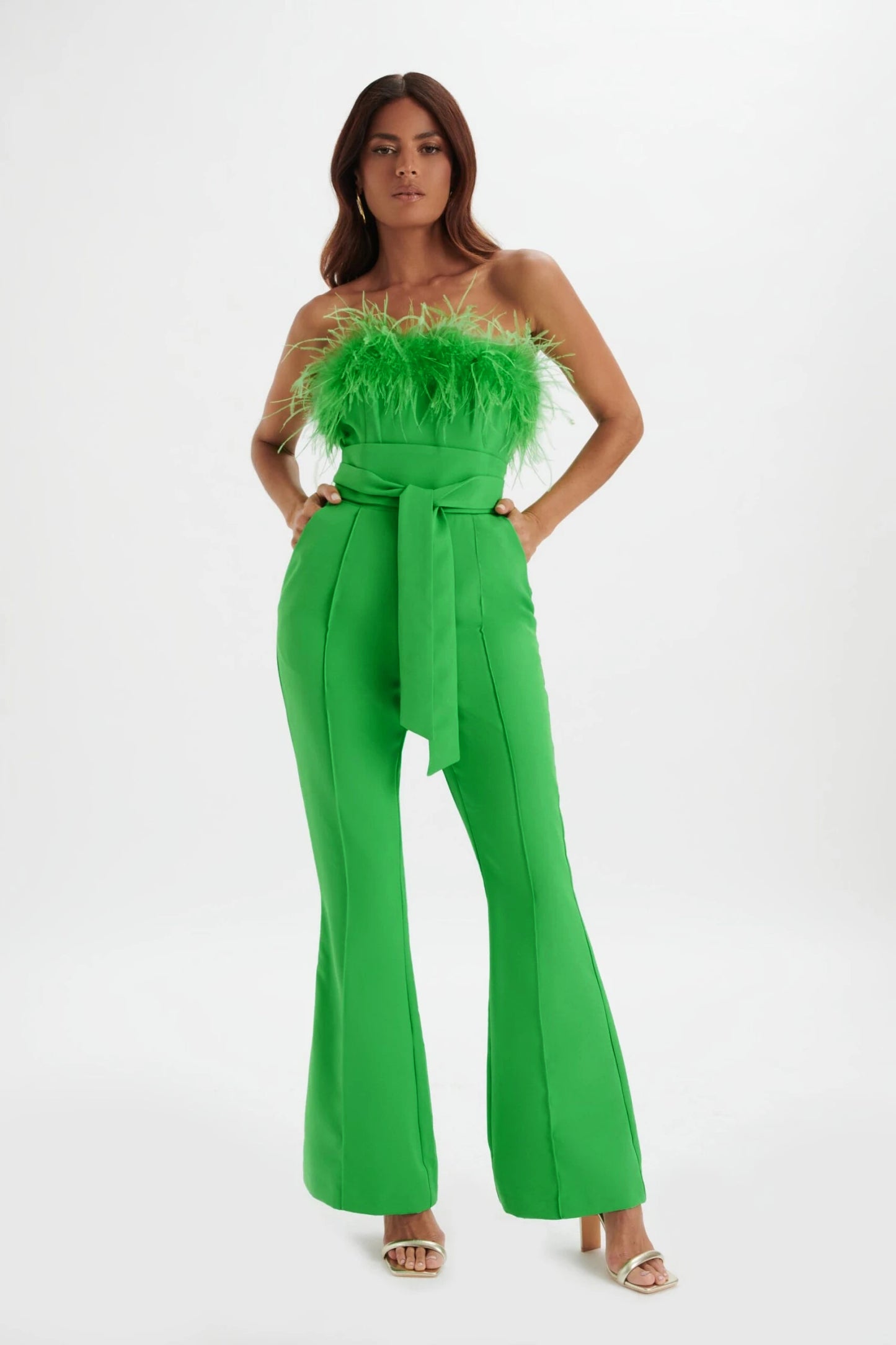Strapless Feather Jumpsuit Green HV0009
