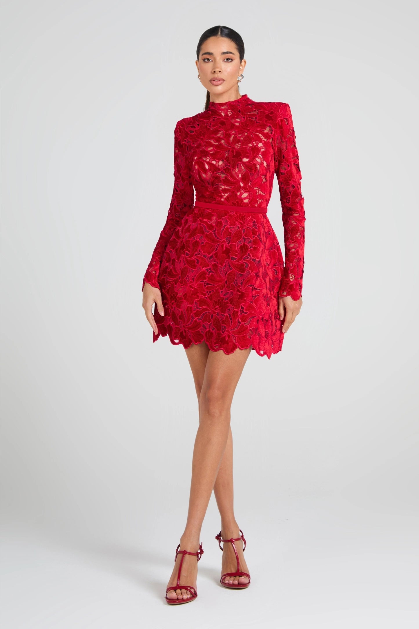 Long Sleeve Crochet Dress Red HV2676