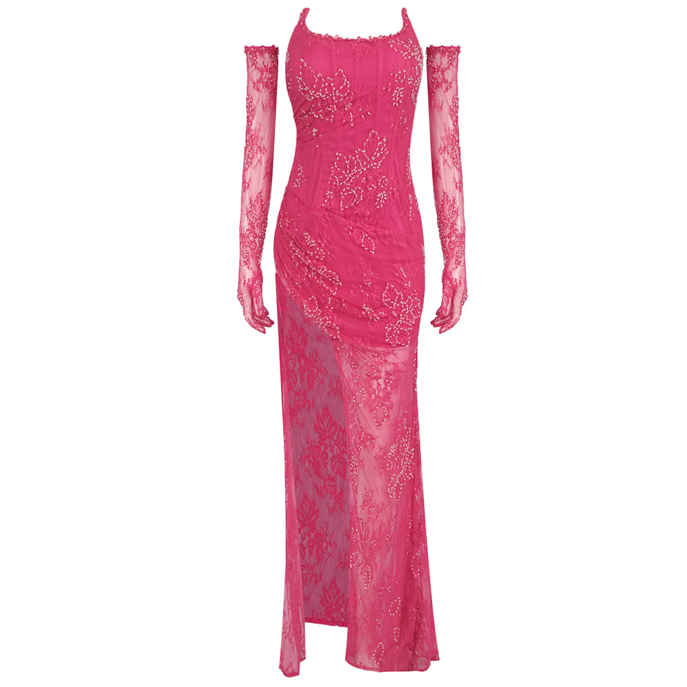 Strapless Lace Corset Maxi Dress Hot Pink HV1352