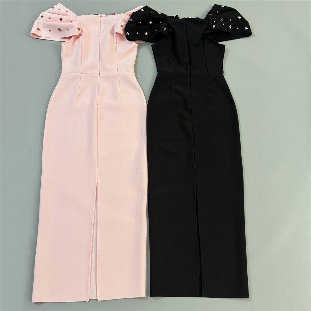 Draped Short Sleeve Crystal Maxi Dress HV2802