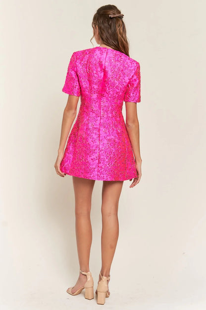 Short Sleeve Floral Sequin Dress Hot Pink HV1309