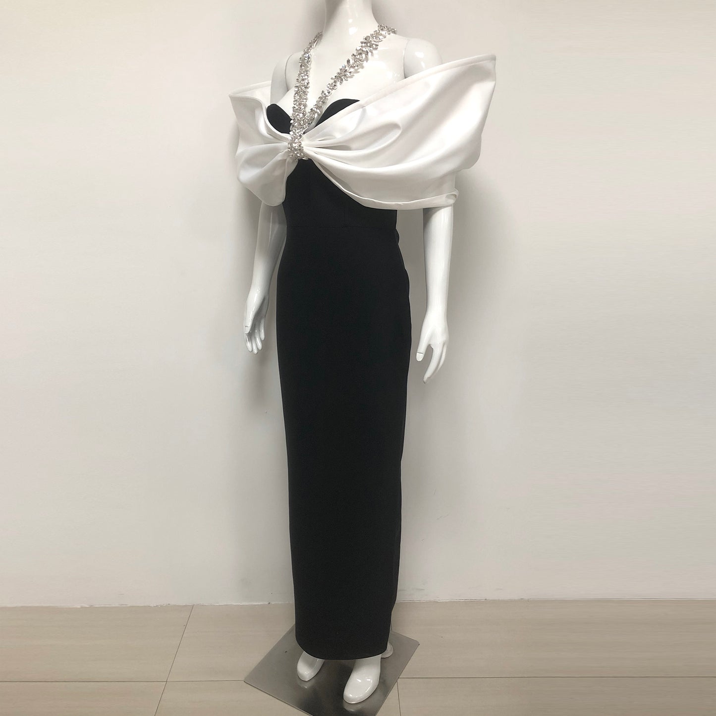 Halter Crystal Bardot Maxi Dress Black White HV2677