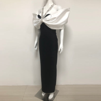 Halter Crystal Bardot Maxi Dress Black White HV2677