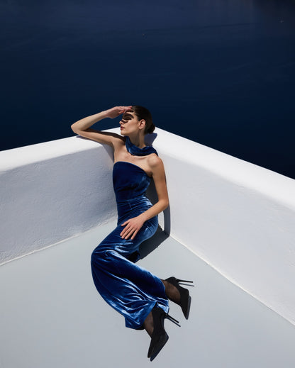 Halter Maxi Velvet Dress Blue HV2031