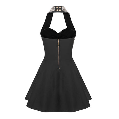 Halter Crystal Bustier A Line Dress Black HV1180