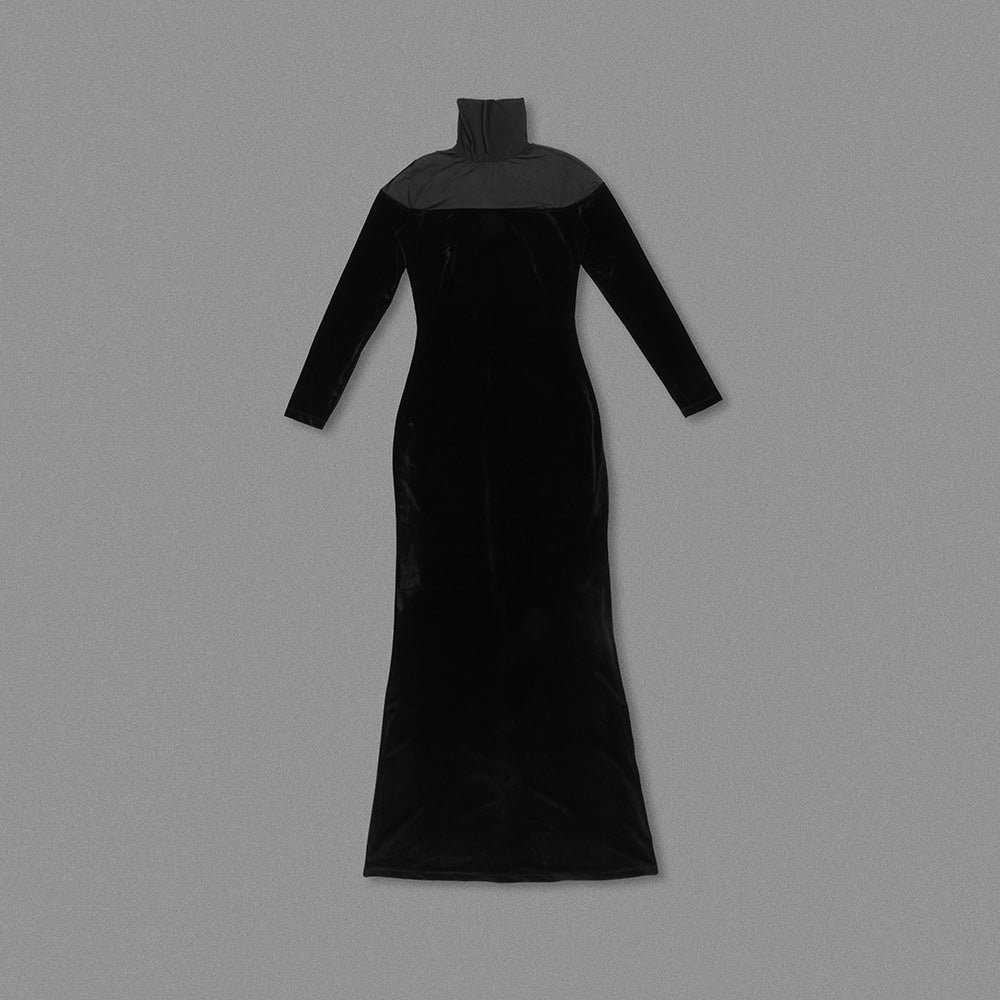 Long Sleeve Mesh Insert Maxi Velvet Dress Black HV0055