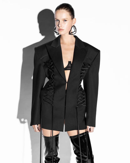 Long Sleeve Lace Up Detail Blazer Dress Black HV2574