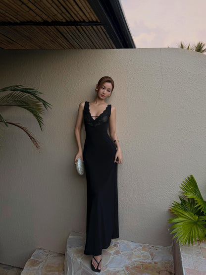 Lace Insert Bustier Maxi Dress Black HV0151