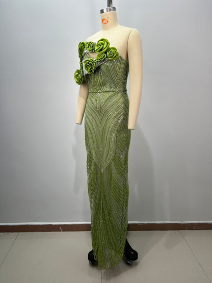 Floral Bardot Sequin Maxi Dress Green HV2400