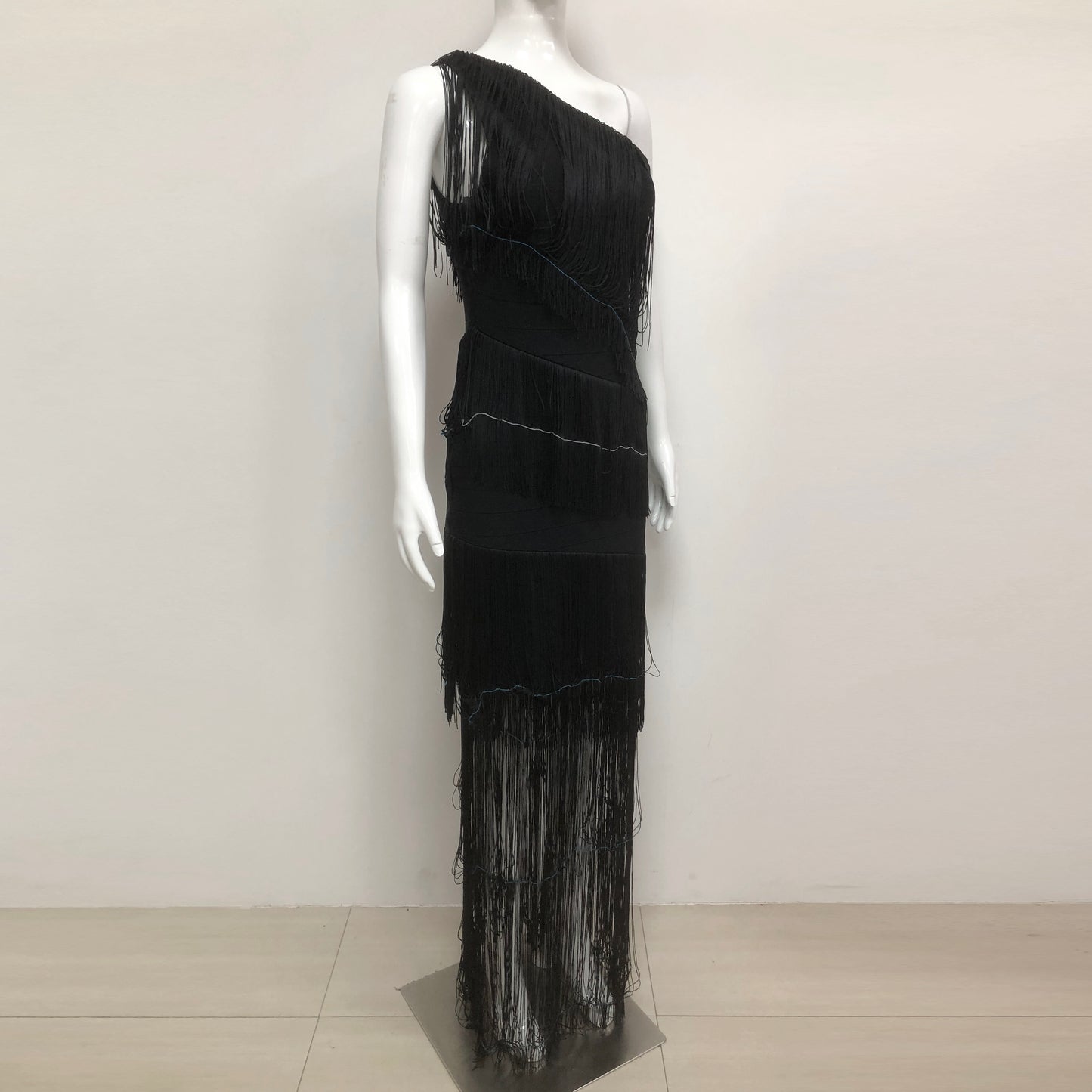 One Shoulder Tassel Maxi Dress Black HV2167