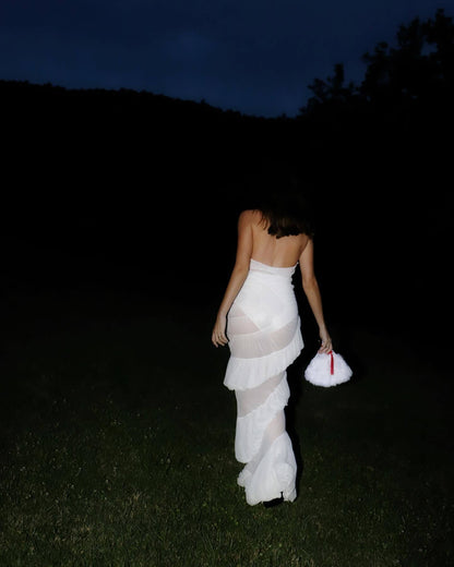 Halter Ruched Ruffle Maxi Dress White HV2589
