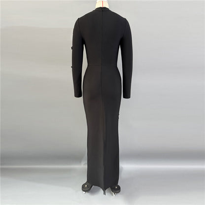 Long Sleeve Floral Crystal Maxi Dress Black HV2646