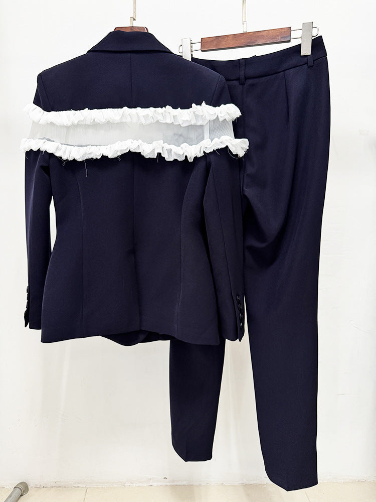 Frayed Ruffle Detail Suit Navy Blue HV2804