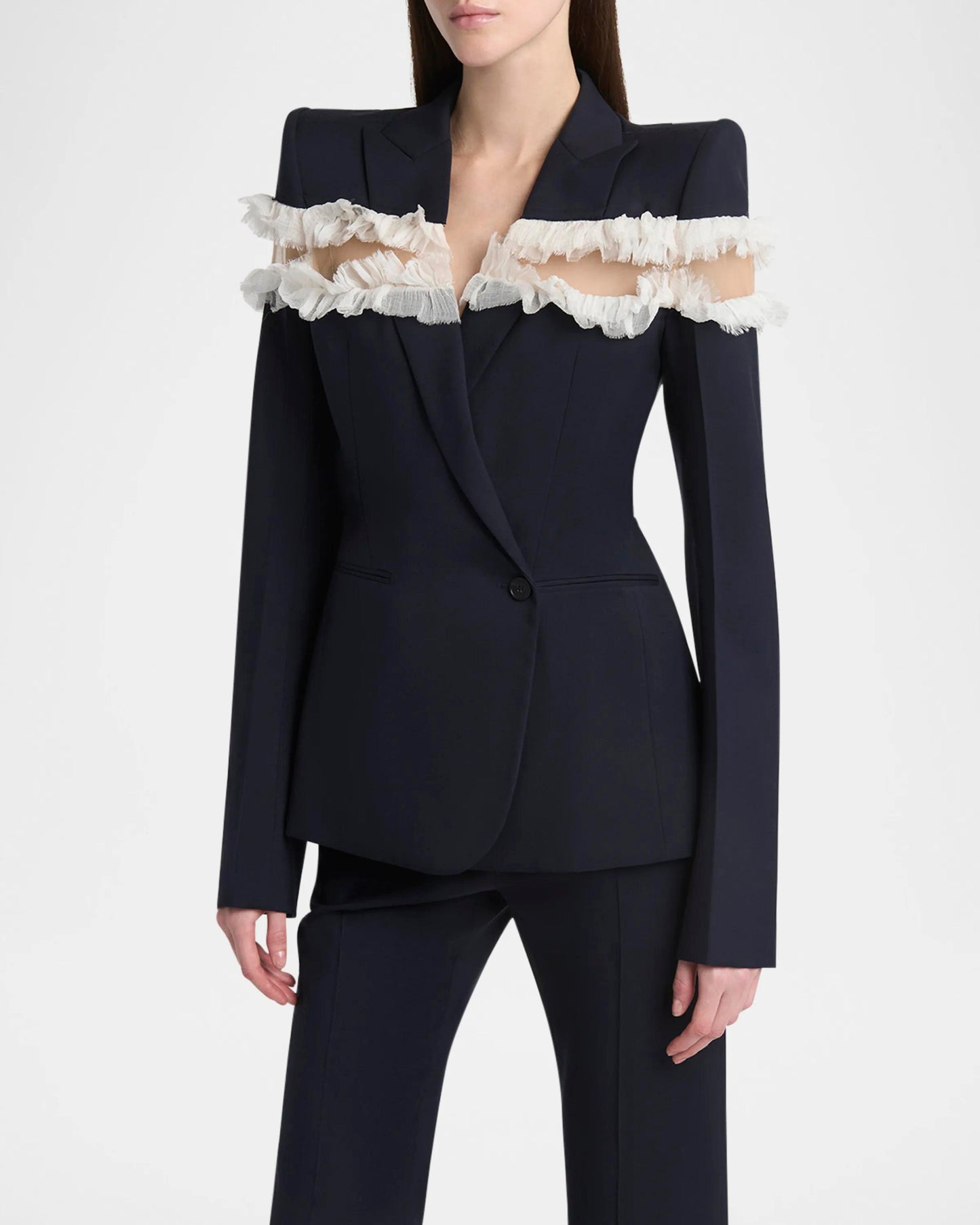 Frayed Ruffle Detail Suit Navy Blue HV2804
