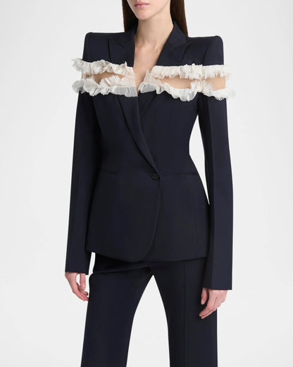 Frayed Ruffle Detail Suit Navy Blue HV2804