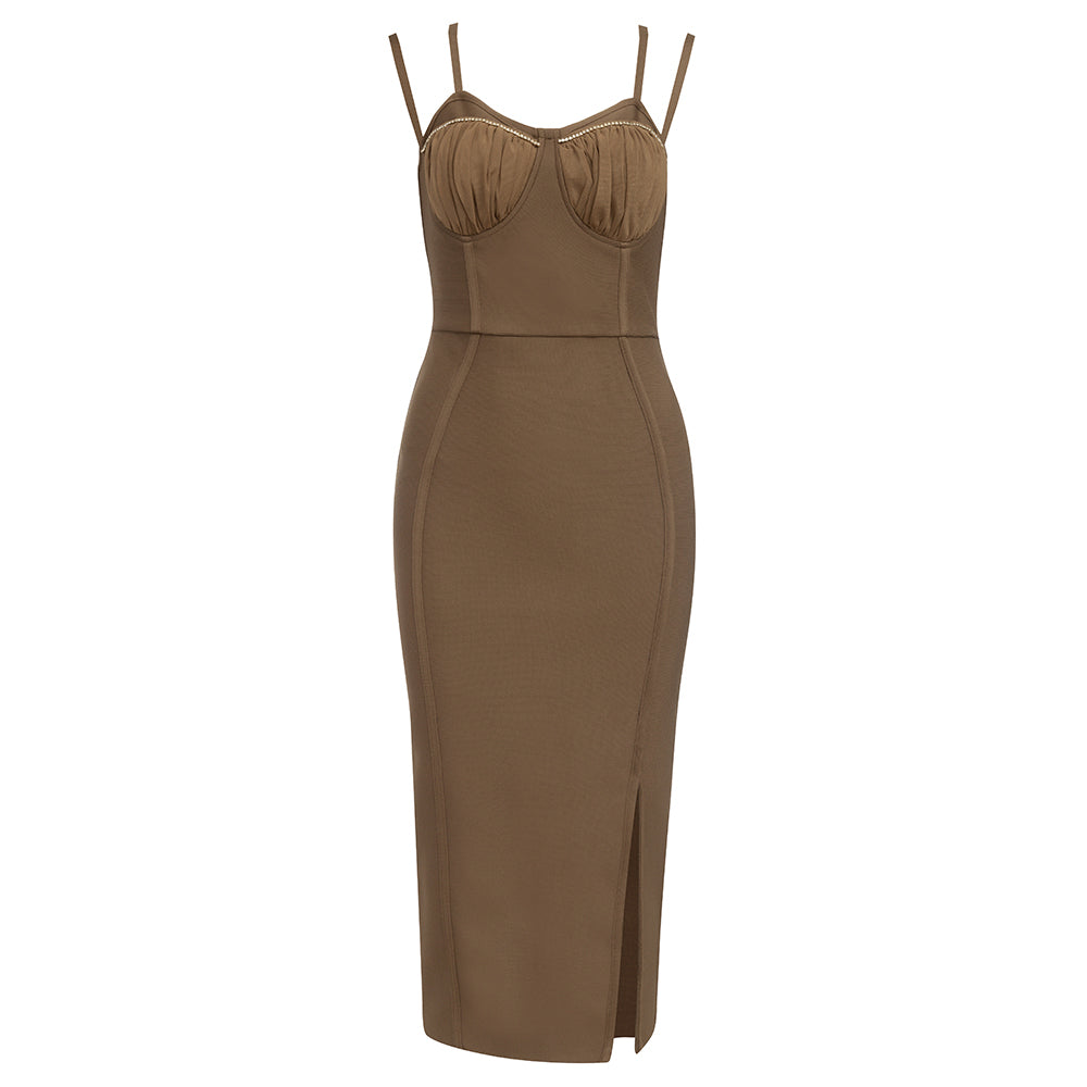 Crystal Draped Bustier Midi Dress Brown HV9797