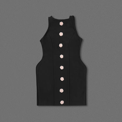 Floral Button Structured Dress Black HV1487