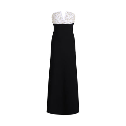 Strapless Pearl Maxi Dress Black White