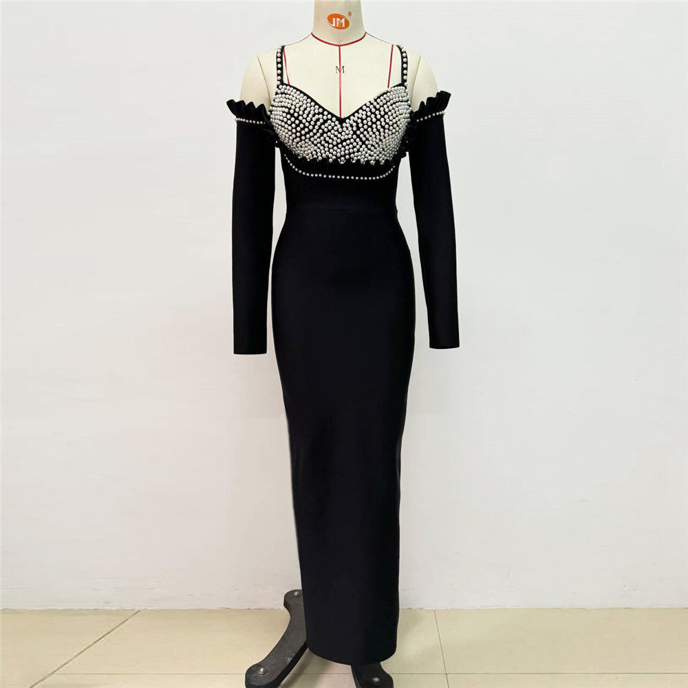 Long Sleeve Pearl Bustier Maxi Dress Black HV1671