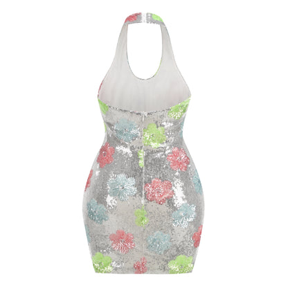 Halter Floral Sequin Dress Silver HV2338