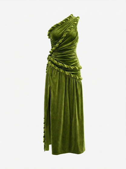 One Shoulder Maxi Velvet Dress Green HV2761