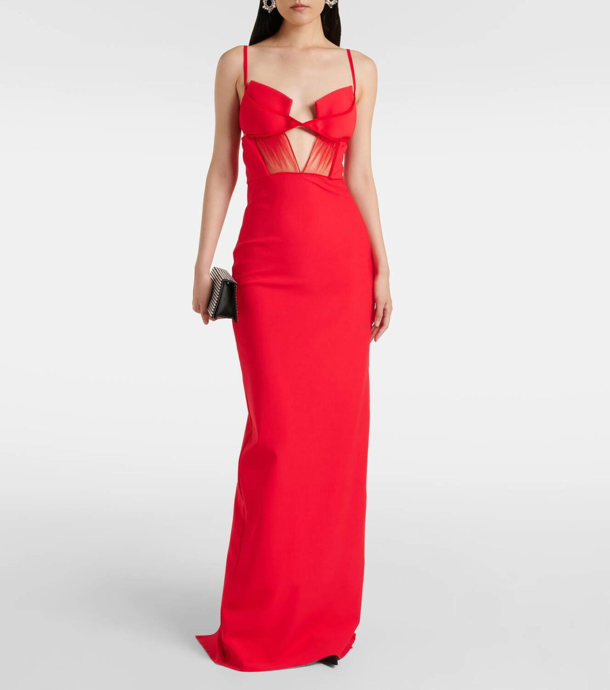 Bustier Draped Mesh Insert Maxi Dress Red HV2094