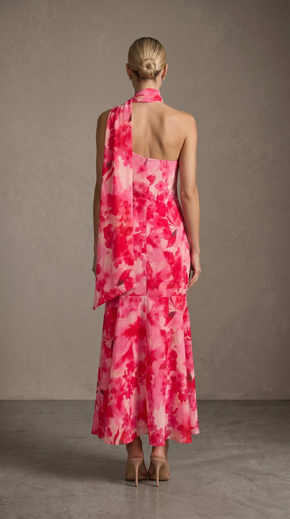 Halter Floral A Line Maxi Dress Hot Pink HV2973