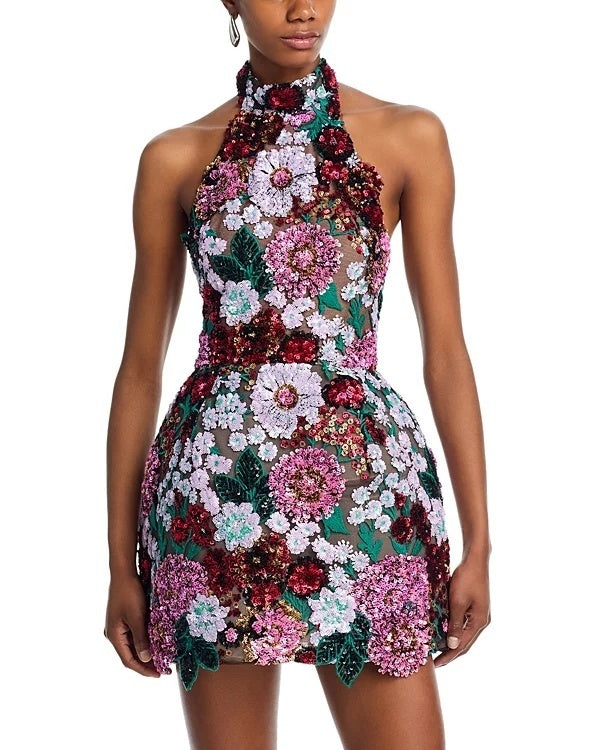 Halter Sequin Floral Dress Hot Pink Green HV2423