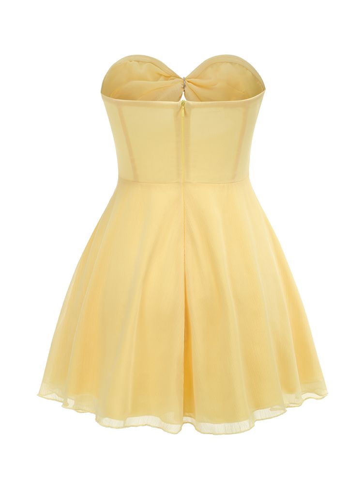 Strapless Ruched A Line Dress Yellow HV1651