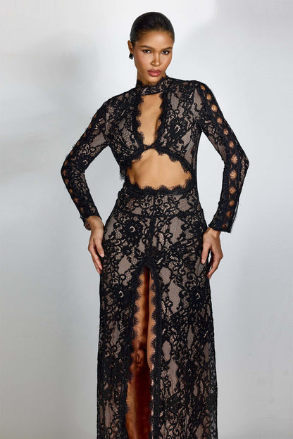 Long Sleeve Cut Out Lace Maxi Dress Black HV2038