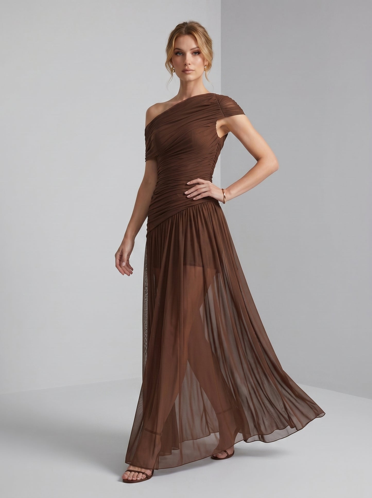 Draped One Shoulder Bardot Maxi Dress HV3135